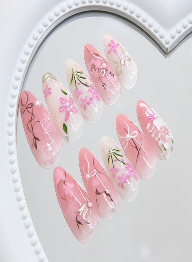 WAFOLOZE Almond Shape Press on Nails Medium Fake Nails with 3D Line Flower Bow Pearl Diamond Handmade Designs Acrylic Glue on False Nails Artificial Nail Press Ons Stick On Nails for Women 24Pcs - Image 3